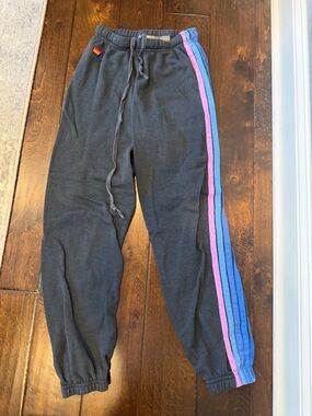 Aviator Nation Black Track Joggers with Pink & Blue Stripes